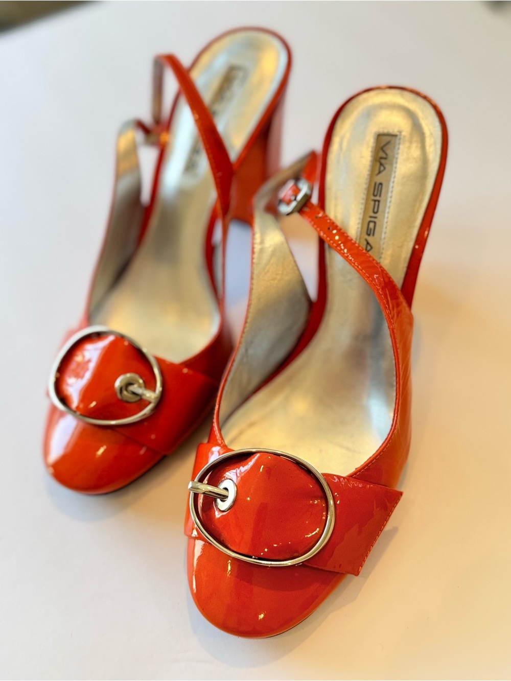 Via Spiga orange patent leather slingback heels